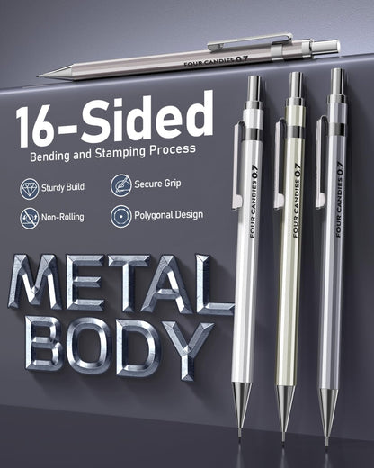 Mechanical Pencil Set, 0.7mm 4-Pack with Case, Metal Body, Medium Point