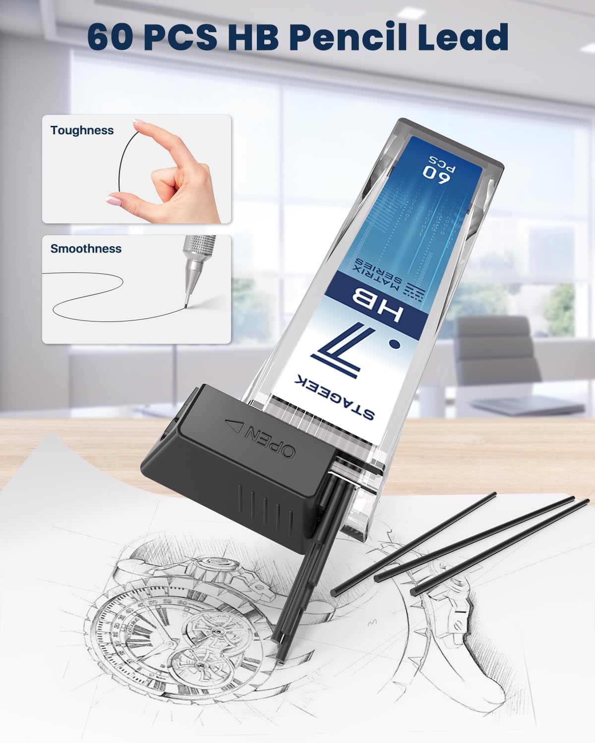 STAGEEK 0.7mm Mechanical Pencil, Drawing Pencil, with Eraser, 60 HB Leads