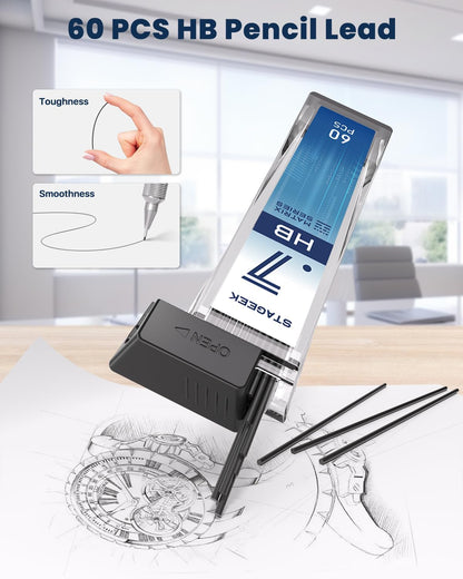 STAGEEK 0.7mm Mechanical Pencil, Drawing Pencil, with Eraser, 60 HB Leads