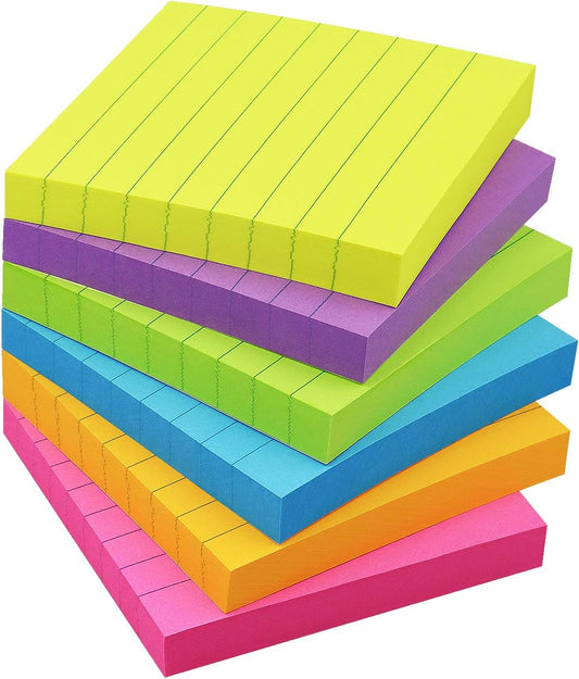 Lined Sticky Notes 3x3 in, 6 Bright Multi Colors,100 Sheet/Pad