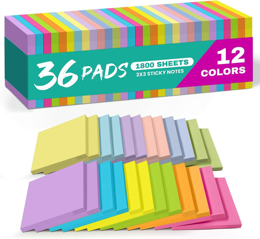 Taja 36 Pads Sticky Notes, 3x3 Inches, 12 Bright Colors, 50 Sheets/Pad