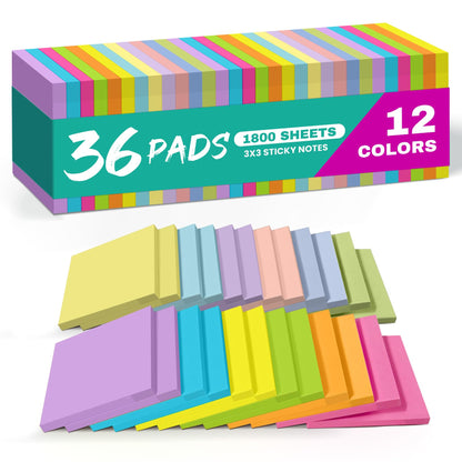Taja 36 Pads Sticky Notes, 3x3 Inches, 12 Bright Colors, 50 Sheets/Pad
