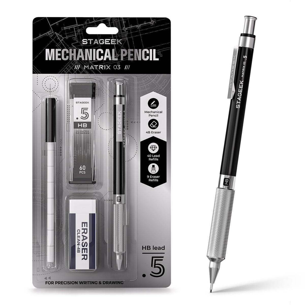 STAGEEK 0.7mm Mechanical Pencil, Drawing Pencil, with Eraser, 60 HB Leads
