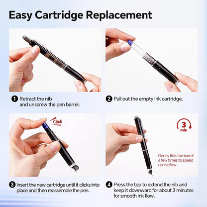 WRITECH Clictek Fountain Pen Retractable: Medium Nib Blue Ink Transparent Barrel Includes 5 Refillable Ink Cartridges, Smooth Writing No Leaking