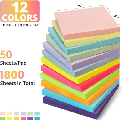 Taja 36 Pads Sticky Notes, 3x3 Inches, 12 Bright Colors, 50 Sheets/Pad