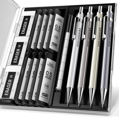 Mechanical Pencil Set, 0.7mm 4-Pack with Case, Metal Body, Medium Point