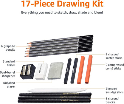 Amazon Basics Sketching and Drawing Art Pencil Kit, 17-Piece Set for Artists, Drawing Supplies with Pencils, Charcoal, Erasers, Sharpener for Shading, Black, White
