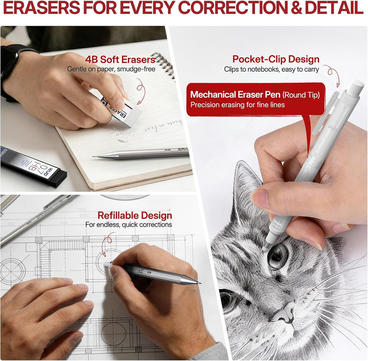WUO 0.7mm Metal Mechanical Pencil Set, 4-Pack with Eraser Pen and Case