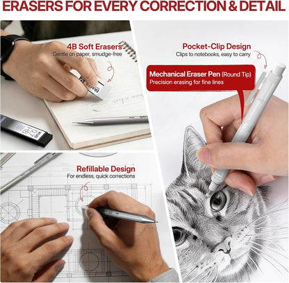 WUO 0.7mm Metal Mechanical Pencil Set, 4-Pack with Eraser Pen and Case