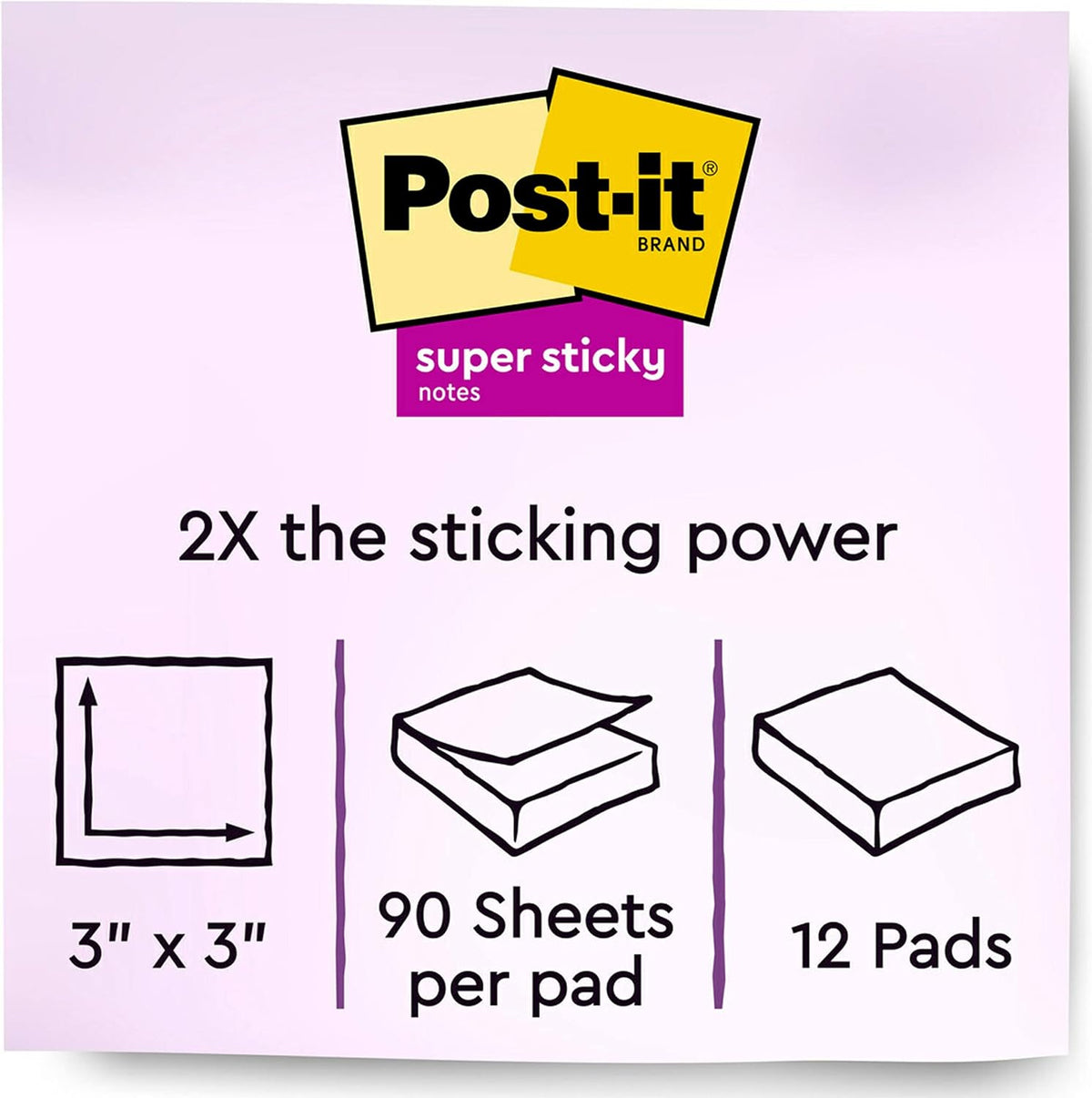 Post-it Super Sticky Notes, 12 Sticky Note Pads, 3 x 3 in., School Supplies, Office Products, Sticky Notes for Vertical Surfaces, Monitors, Walls and Windows, Canary Yellow