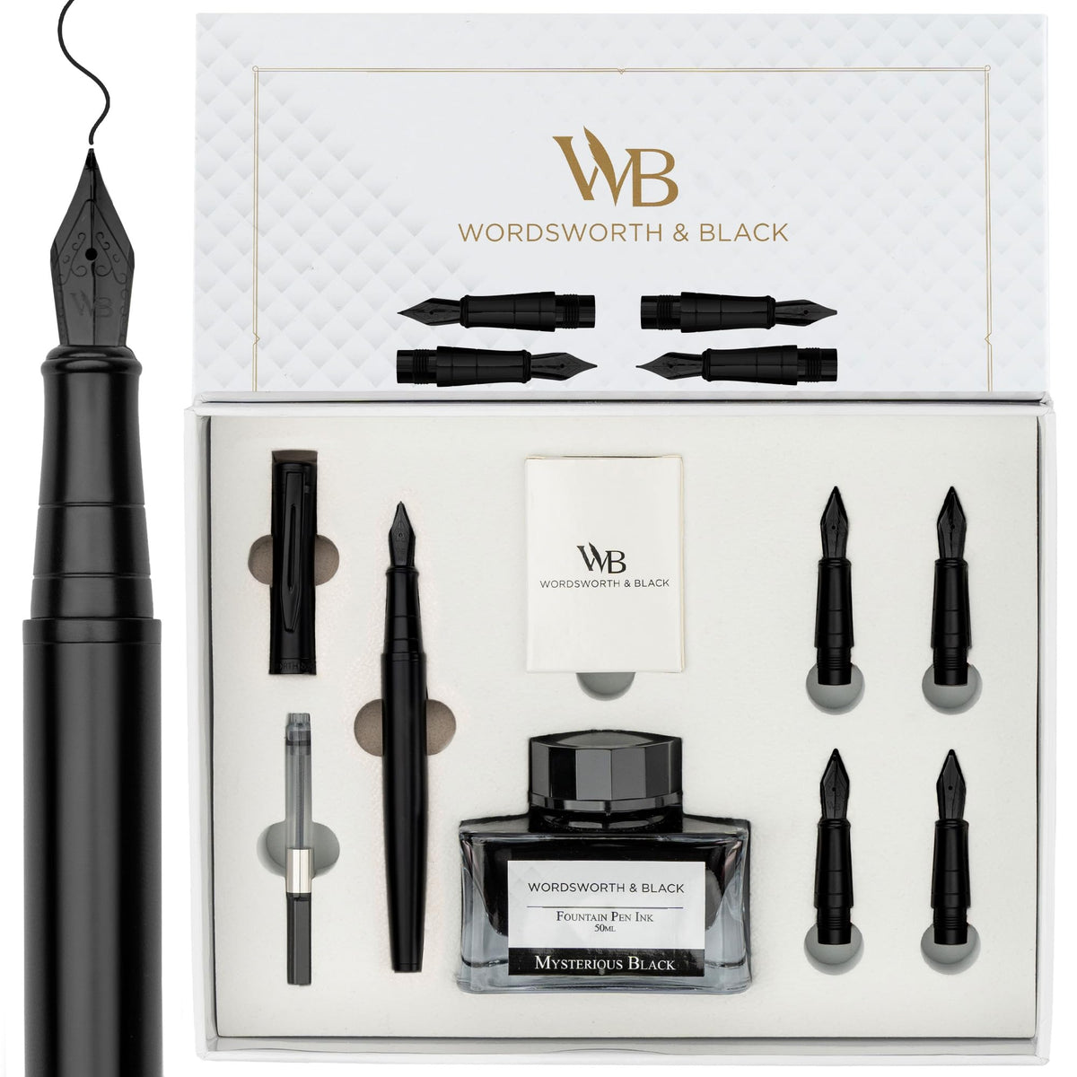 Wordsworth & Black Luxury Fountain Pen Set for Writing, 6 Nibs,Black Chrome