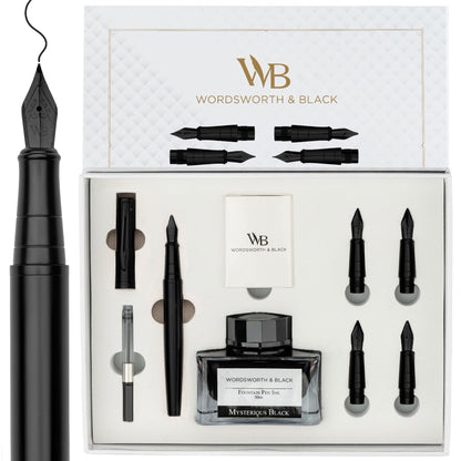 Wordsworth & Black Luxury Fountain Pen Set for Writing, 6 Nibs,Black Chrome