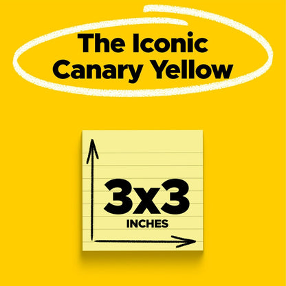 Post-it Notes, 3 x 3 in, The Iconic Canary Yellow Note, 12 Lined Pads