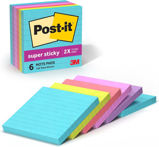 Post-it Super Sticky Notes, 4 x 4 in, Supernova Neons, 6 Lined Pads