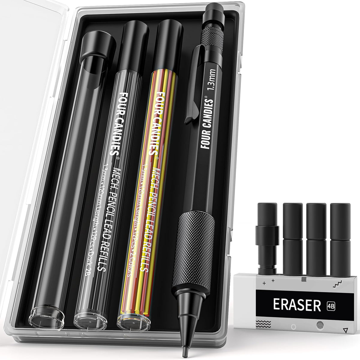 Four Candies 1.3mm Metal Mechanical Pencil Set with 72 Lead Refills, 3-Pack