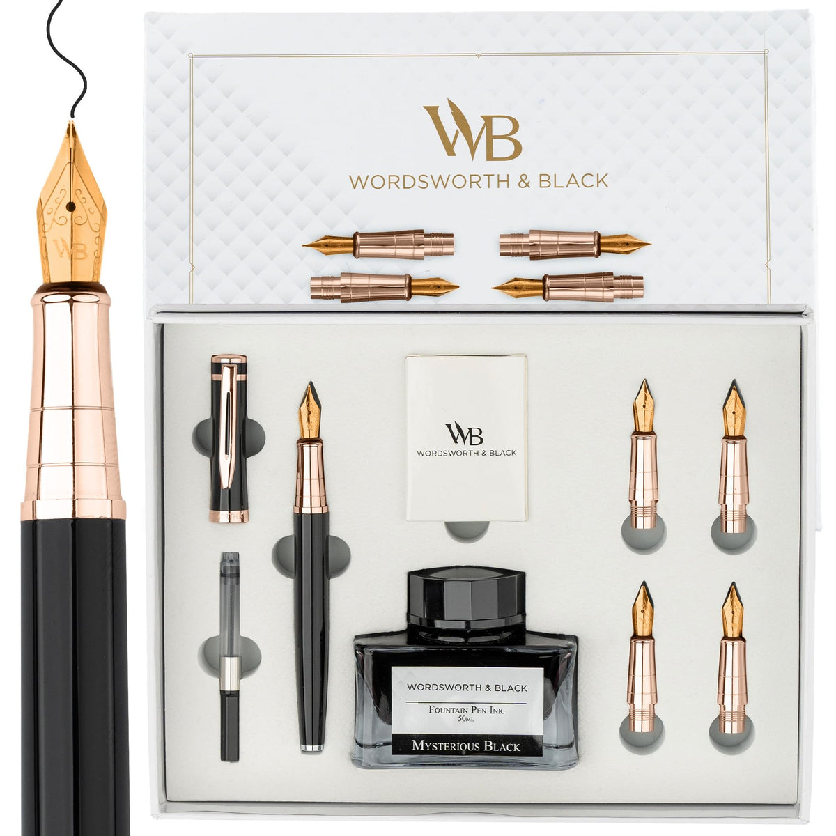 Wordsworth & Black Luxury Fountain Pen Set for Writing, 6 Nibs,Black Chrome