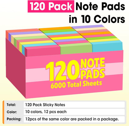 120 Pads Sticky Notes 3x3, Self-Stick Pads Bulk Bright Colors, School Supplies, Office Products, 50 Sheet/Pad
