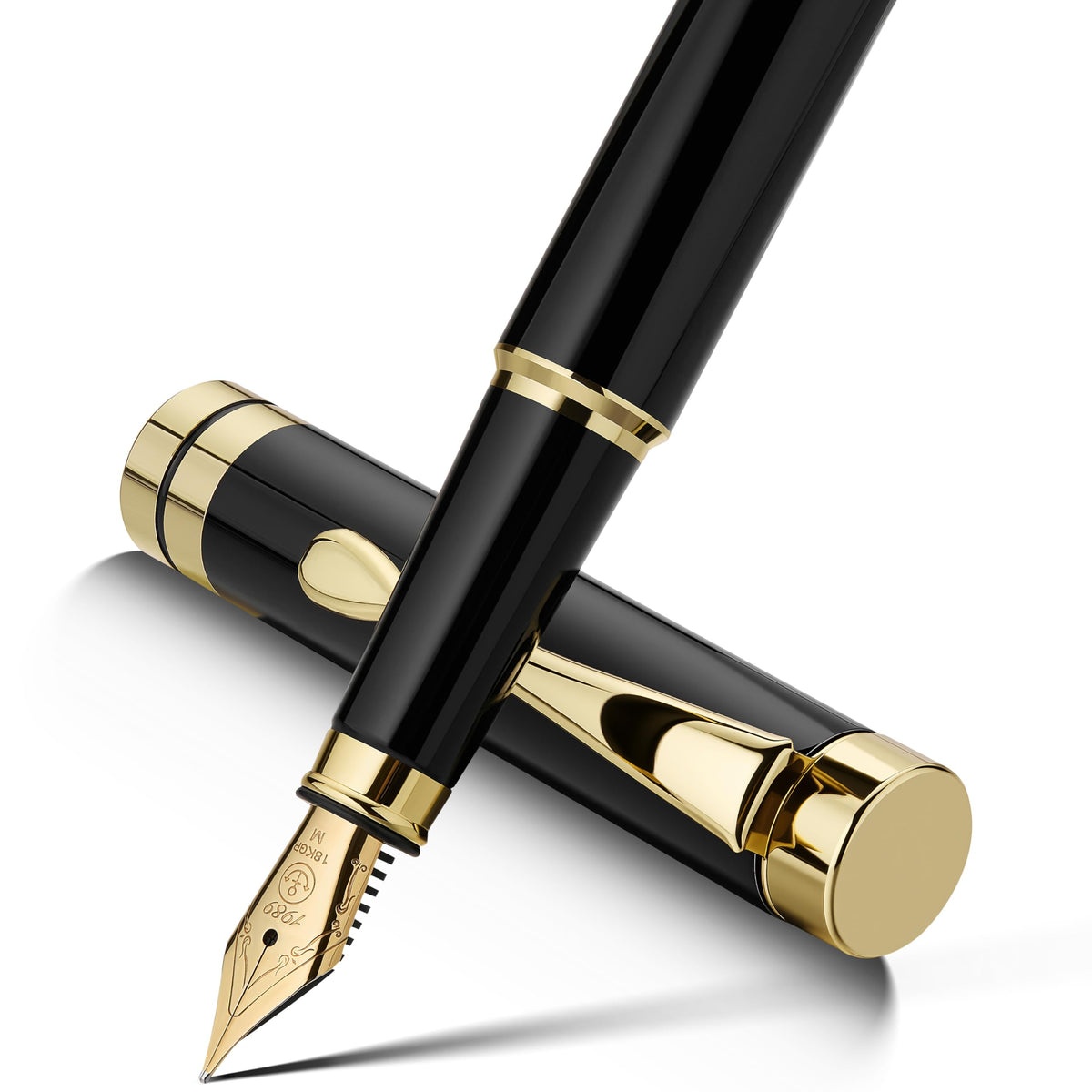 MCNTEIK Fountain Pen-Luxury Black and Gold Finish, 18K Gilded Nib(Fine), Smooth Ink Flow, Complete Set with 4*2.6mm Black Cartridges, Converter & Gift Box-Ideal for Professionals, Office, Journaling