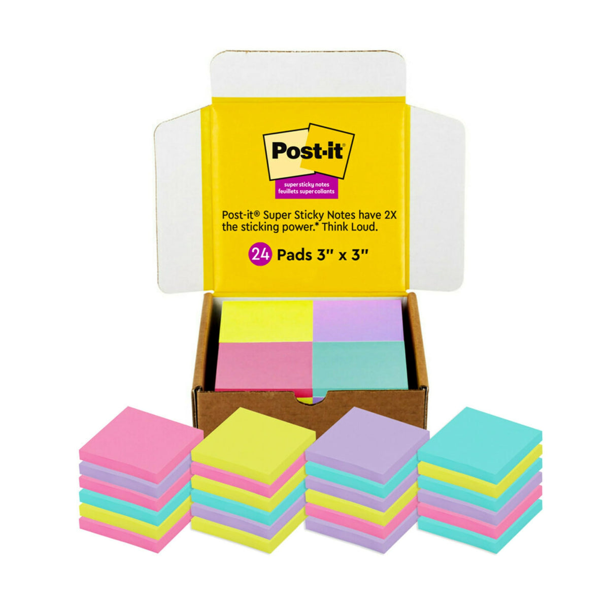 Post-it Super Sticky Notes, 3 x 3 in, Assorted Brights, 24 Pads
