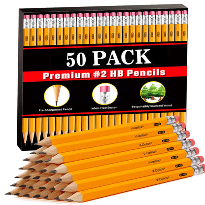 V-Opitos Wood-Cased #2 HB Pencils, 50 Pack Bulk Yellow Pencils with Erasers, Pre-Sharpened, School Classroom Teacher Supplies for Writing, Drawing and Sketching