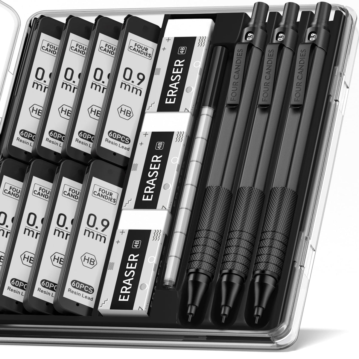 Four Candies Metal Mechanical Pencil Set with Case, 0.7mm, 3-Pack, Black