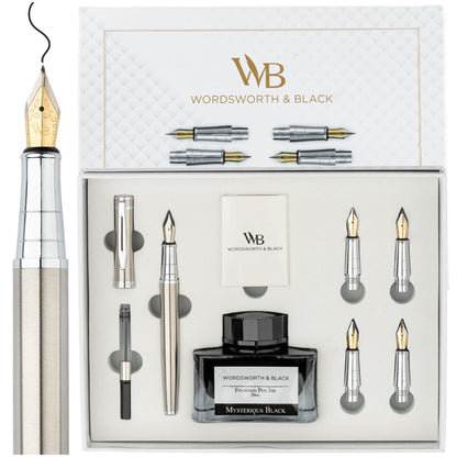 Wordsworth & Black Luxury Fountain Pen Set for Writing, 6 Nibs,Black Chrome