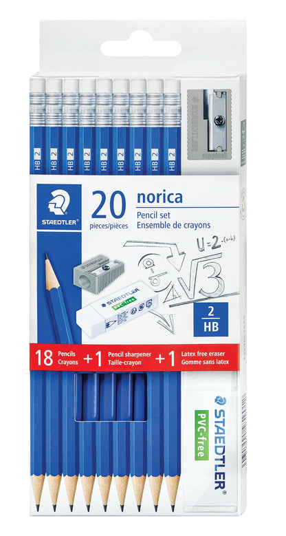 STAEDTLER Norica #2 HB Wood-Cased Pencil Set: 18 Pre-Sharpened Graphite Pencils with 1 Eraser & 1 Sharpener, Break-Resistant Lead, For Writing & Drawing, Blue, Ideal for Classroom, Home & Office