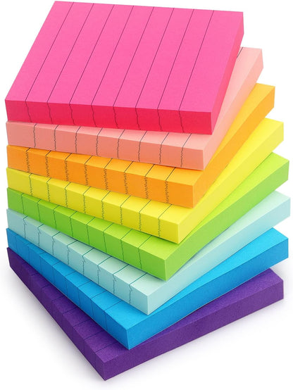 Eastern Wolf Lined Sticky Notes 3x3in, 8 Pads, Bright Colors, 85 Sheets/Pad