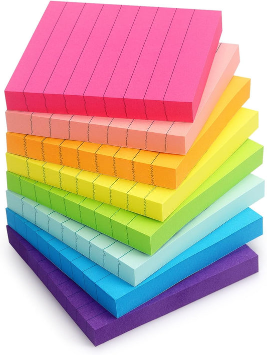 Eastern Wolf Lined Sticky Notes 3x3in, 8 Pads, Bright Colors, 85 Sheets/Pad