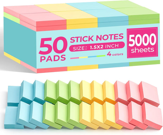 Small Sticky Notes 1.5x2 in, 50 Pads, 100 Sheets/Pad, 4 Pastel Colors