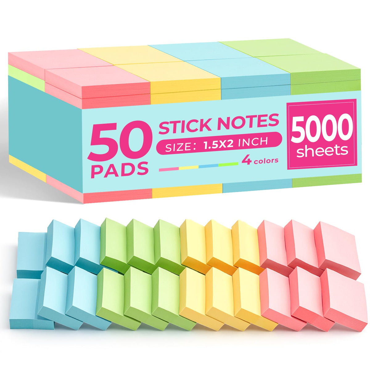 Small Sticky Notes 1.5x2 in, 50 Pads, 100 Sheets/Pad, 4 Pastel Colors