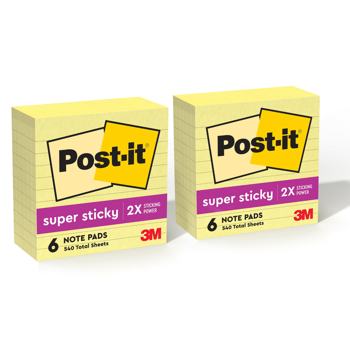 Post-it Super Sticky Notes, 4 x 4 in, Canary Yellow, 6 Lined Pads