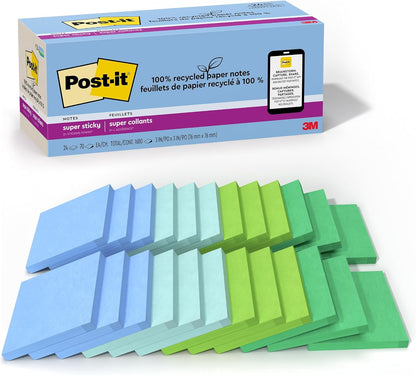Post-it 100% Recycled Super Sticky Notes, 3 x 3 in, Oasis, 24 Pads