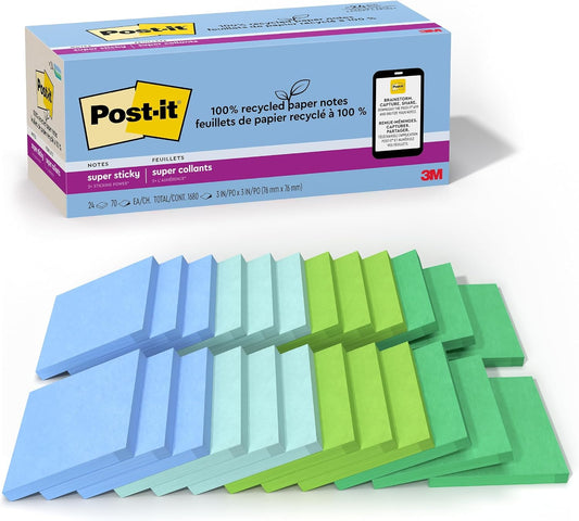 Post-it 100% Recycled Super Sticky Notes, 3 x 3 in, Oasis, 24 Pads