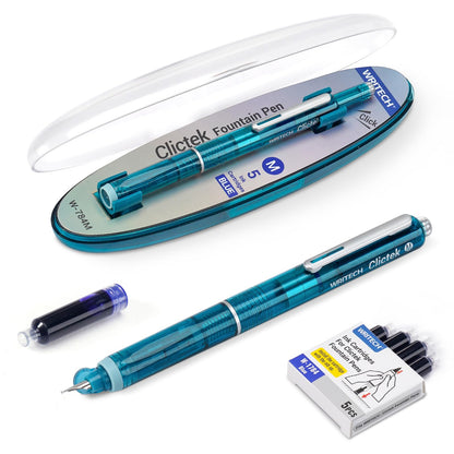 WRITECH Clictek Fountain Pen Retractable: Medium Nib Blue Ink Transparent Barrel Includes 5 Refillable Ink Cartridges, Smooth Writing No Leaking