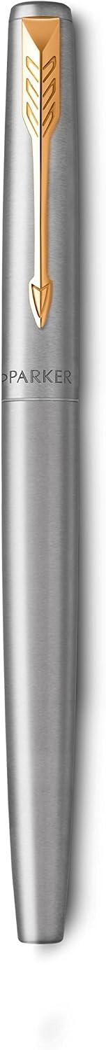 Parker Jotter Fountain Pen, Stainless Steel with Gold Trim, Medium Nib, Blue Ink & Gift Box