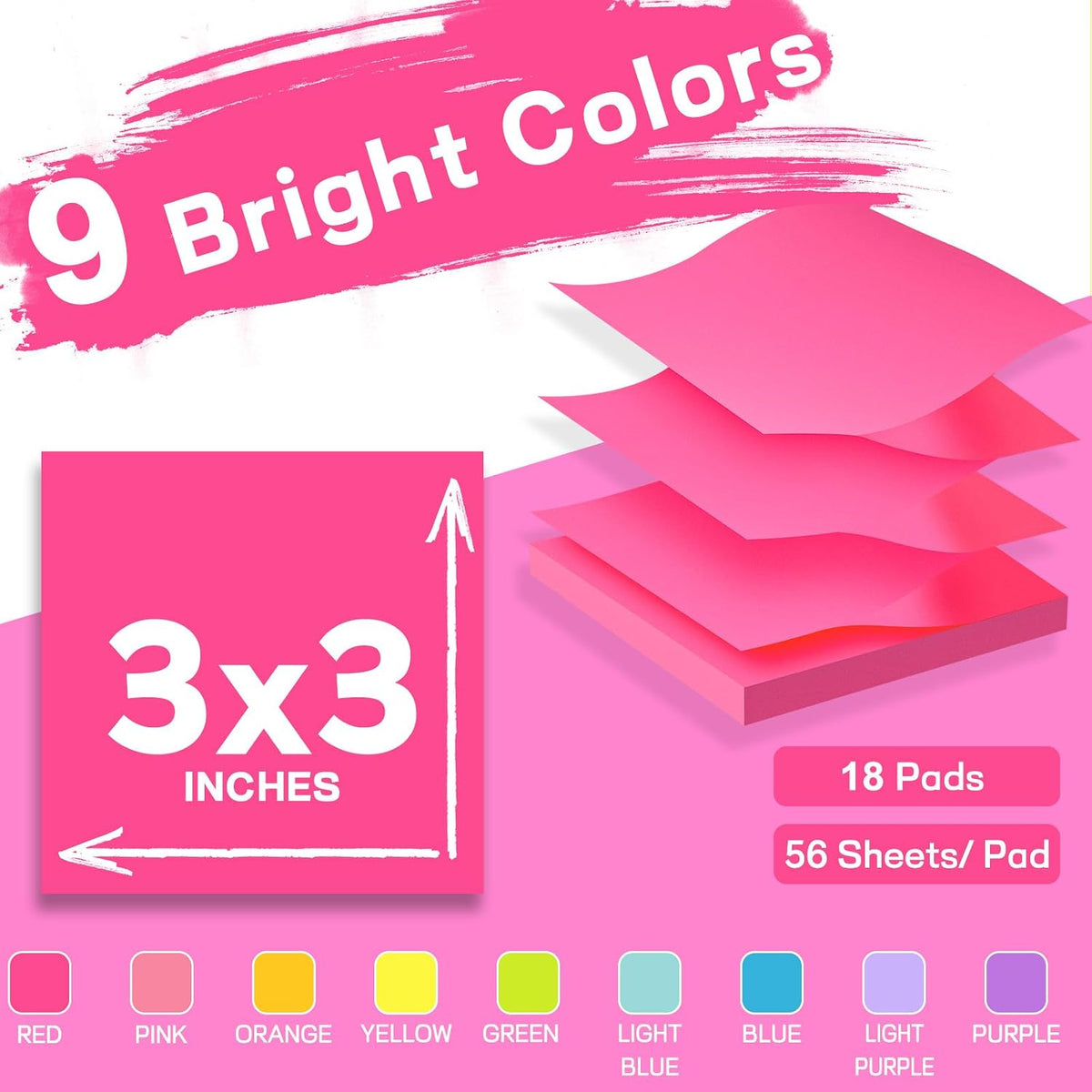 (18 Pads) Pop Up Sticky Notes 3x3in with 9 Bright Colors for Office, School