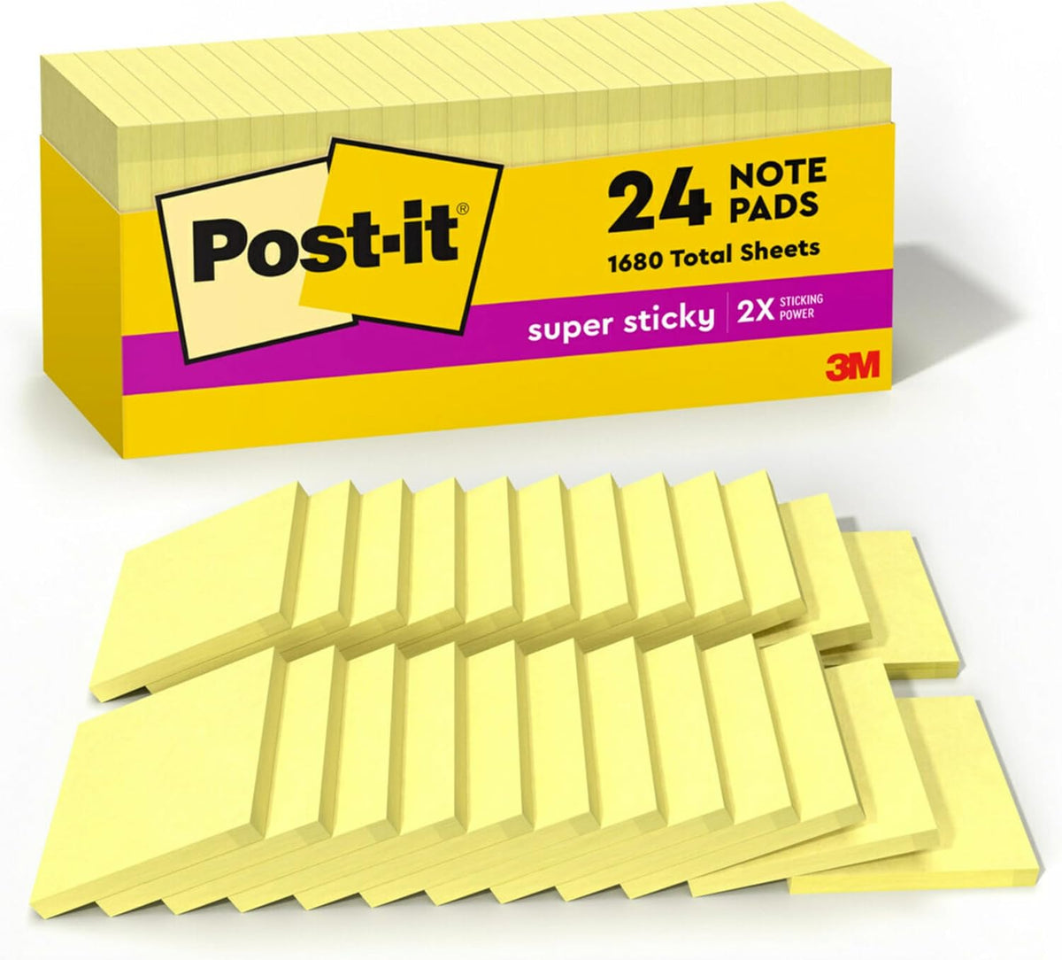 Post-it Super Sticky Notes, 24 Pads, 3 x 3 in., School Supplies, Office Products, for Vertical Surfaces, Monitors, Walls and Windows, Canary Yellow