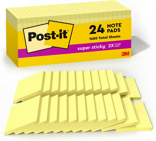 Post-it Super Sticky Notes, 24 Pads, 3 x 3 in., School Supplies, Office Products, for Vertical Surfaces, Monitors, Walls and Windows, Canary Yellow