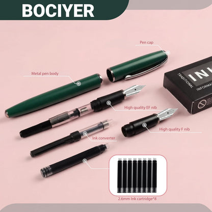 Super Smooth Writing Fountain Pen Set,Includes 2 Hand Polished Iridium Nibs(Fine & Extra Fine),8 Ink Cartridges,2 Ink Refill Converter and Gift Box,Best Pen Gift Set for School,Office(green)