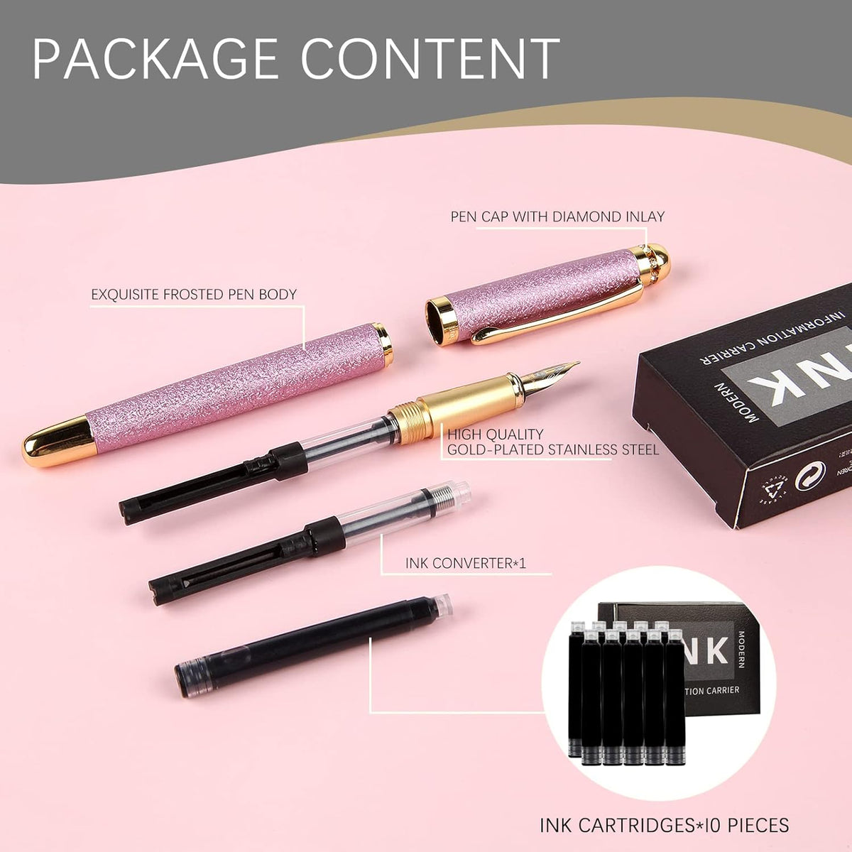 fountain pen-Multiple color styles with rhinestone,diamond inlay and frosted finish,Cute pens,Luxury pen,Office pens,Best pen set,Includes 10 Ink Cartridges and Ink Refill Converter(Pink)