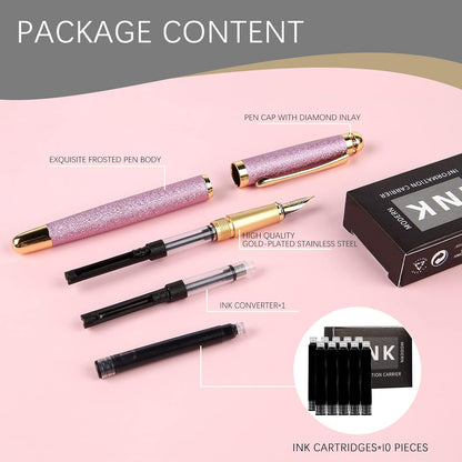 fountain pen-Multiple color styles with rhinestone,diamond inlay and frosted finish,Cute pens,Luxury pen,Office pens,Best pen set,Includes 10 Ink Cartridges and Ink Refill Converter(Pink)