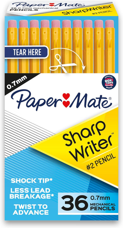 Paper Mate SharpWriter Mechanical Pencils, 0.7 mm #2 Pencil Lead, Yellow, 36 Count - Back to School Supplies