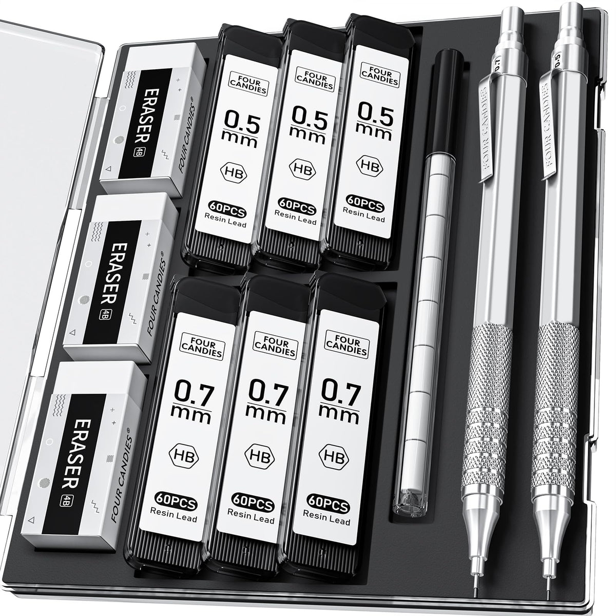 4PCS Metal Mechanical Pencil Set, 0.5mm+0.7mm, Storage Case, Black＆Silver