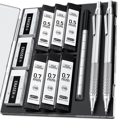 4PCS Metal Mechanical Pencil Set, 0.5mm+0.7mm, Storage Case, Black＆Silver