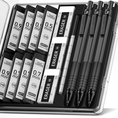 Four Candies Metal Mechanical Pencil Set with Case, 0.7mm, 3-Pack, Black