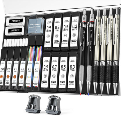 Four Candies 25PCS Mechanical Pencil Set, 0.5, 0.7, 0.9 ＆ 2mm, Storage Case