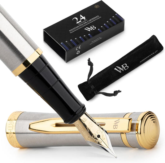 Wordsworth & Black Fountain Pen Set for Writing, Extra Fine Nib,Silver