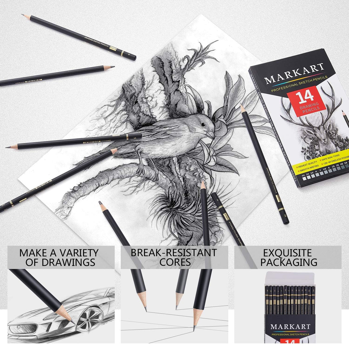 MARKART Drawing Sketching Pencils Set, 14 Pieces, Graphite Pencil(12B - 4H)