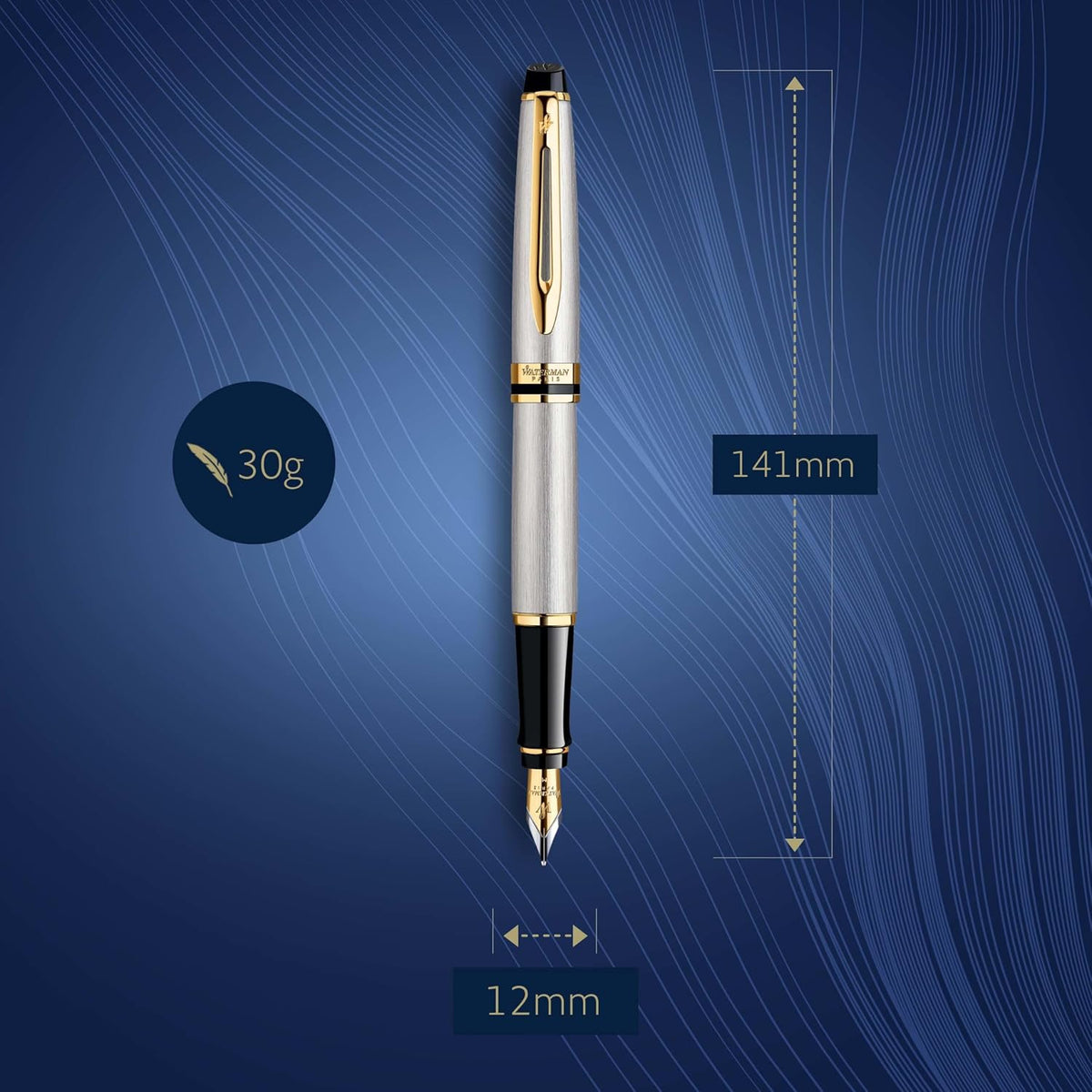 Waterman Expert Fountain Pen, Stainless Steel With 23k Gold Trim, Medium Nib With Blue Ink Cartridge, Gift Box